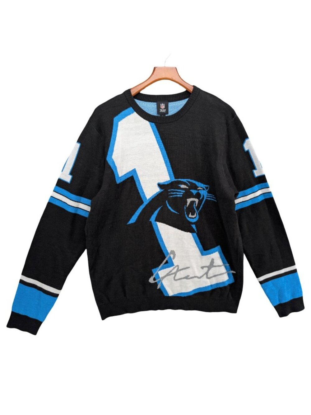 NFL Team Apparel Carolina Panthers Sweater Mens Black Blue Cam Newton #1 Size XL
